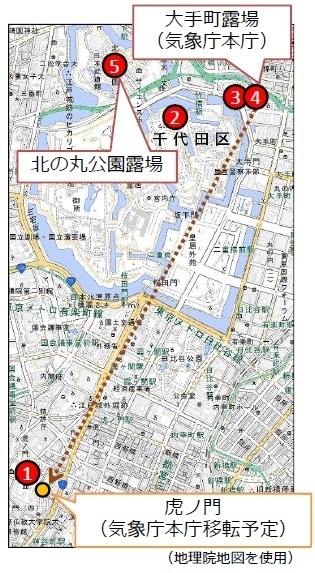 図2　東京の気象観測点の移動（図中、丸数字の1から5へと移動）