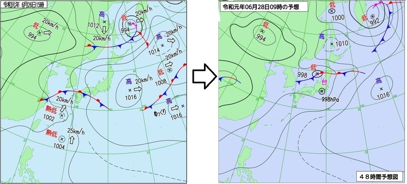 図1　地上天気図（6月26日15時）と予想天気図（6月28日9時の予想）