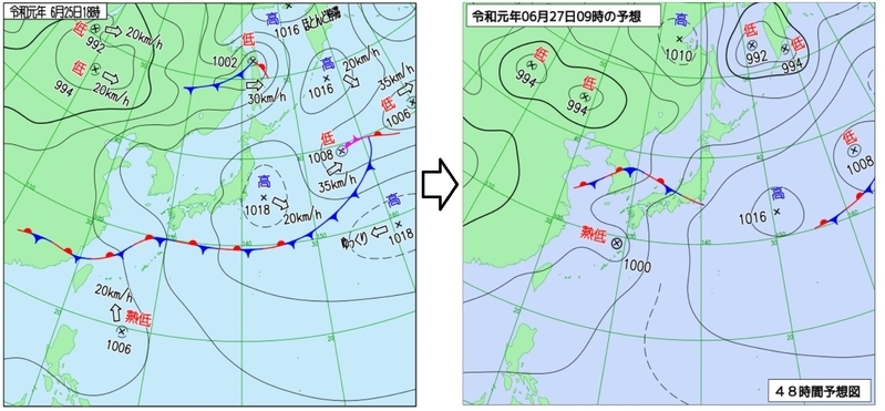 図1　地上天気図（6月25日18時）と予想天気図（6月27日9時の予想）