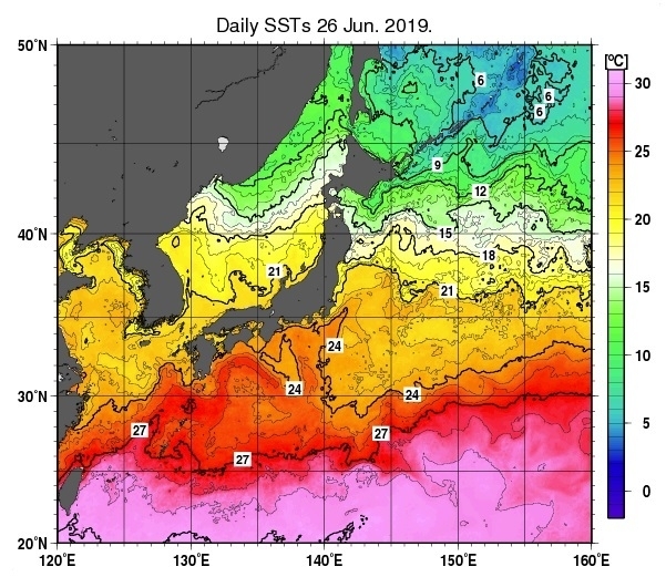 図1　日本近海の海面水温（令和元年（2019年）6月26日）