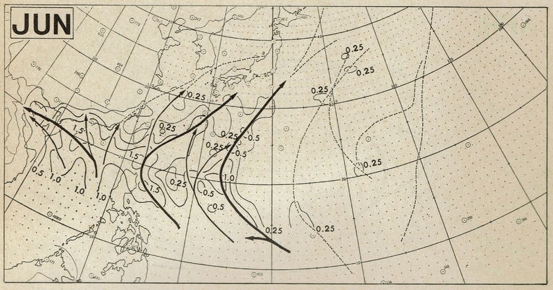 図2　6月の台風の平均経路（数値は空間平均した存在数）