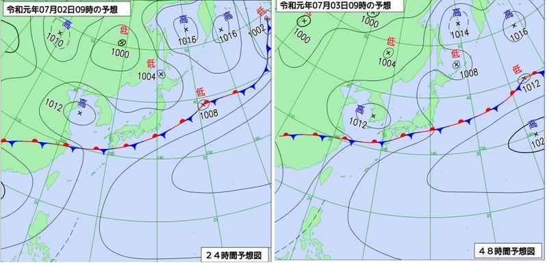 図3　予想天気図（左は7月2日9時、右は3日9時）