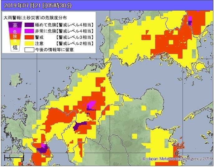 図2　大雨警報（土砂災害）の危険度分布の例（7月21日5時30分）