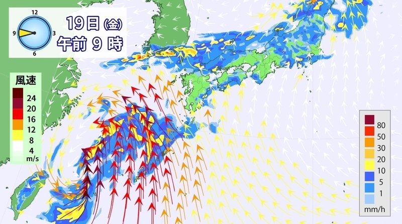 図5　台風5号の雨と風の予想（7月19日9時の予想）