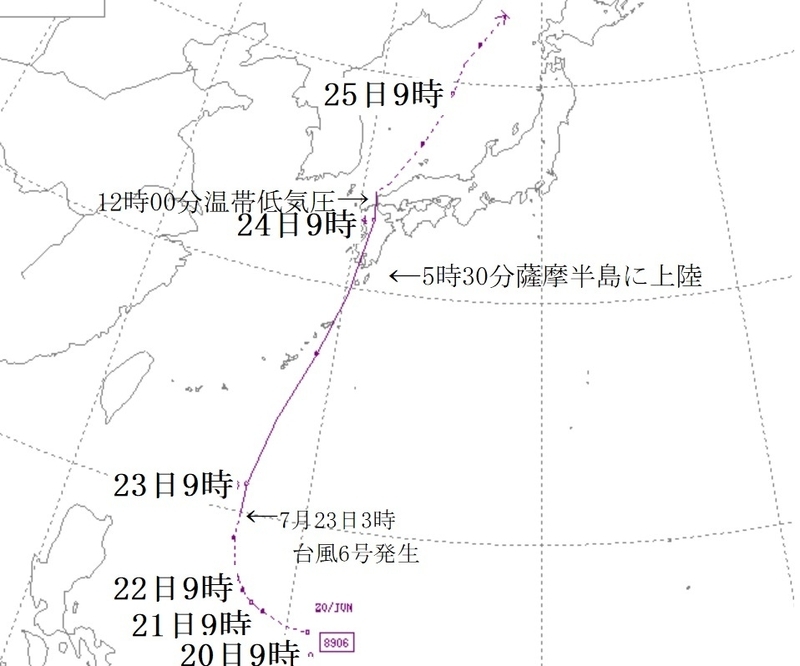 図2　平成元年（1989年）の台風6号の経路図