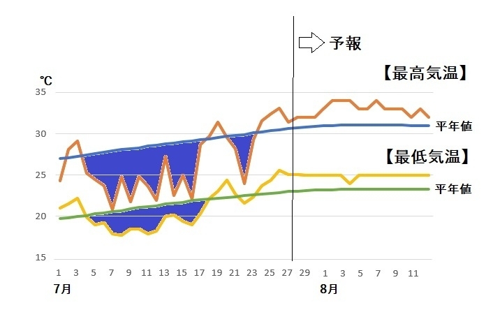 図5　東京の7月の気温と8月の気温（7月28日～8月2日は気象庁、8月3日以降はウェザーマップの予報）