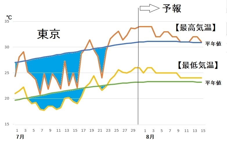 図3　東京の7月と8月の気温（7月31日から8月6日は気象庁、8月7日以降はウェザーマップの予報）