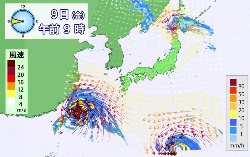 図1　日本付近の風と雨の予想（8月9日9時の風と1時間雨量の予測）