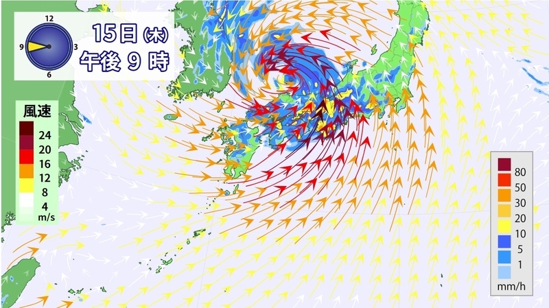 図4　台風10号が日本海に抜けたときの雨と風の分布（8月15日21時）