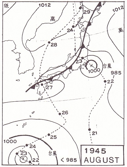 図5　昭和20年8月21日21時の天気図と２つの台風の経路