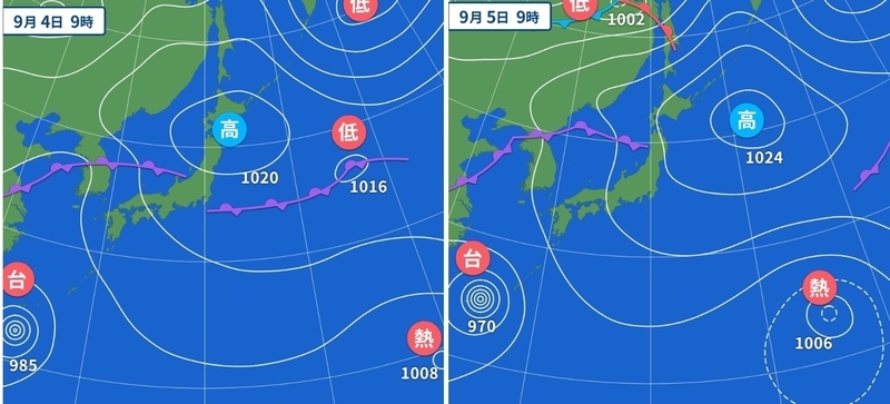 図3　予想天気図（左は9月4日9時、右は5日9時の予想）