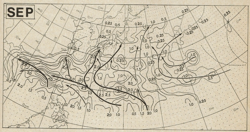 図4　9月の台風の平均経路（数値は空間平均した存在数、1951～1977）