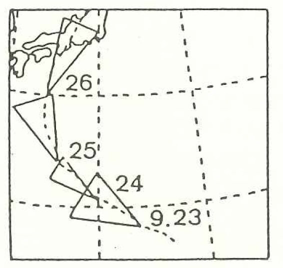 図4　伊勢湾台風の進路予報（数字は日付けで、いずれも9時の予報）