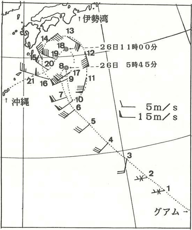 図5　伊勢湾台風に対する9回目の飛行機観測（二重丸は台風の中心貫通観測）