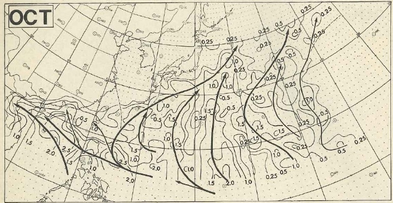 図2　10月の台風の平均経路（数値は空間平均した存在数）