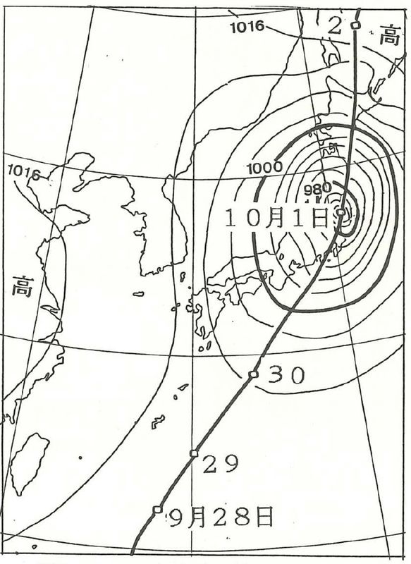 図6　大正6年（1917年）10月1日6時の地上天気図と台風の経路（白丸は6時の位置）