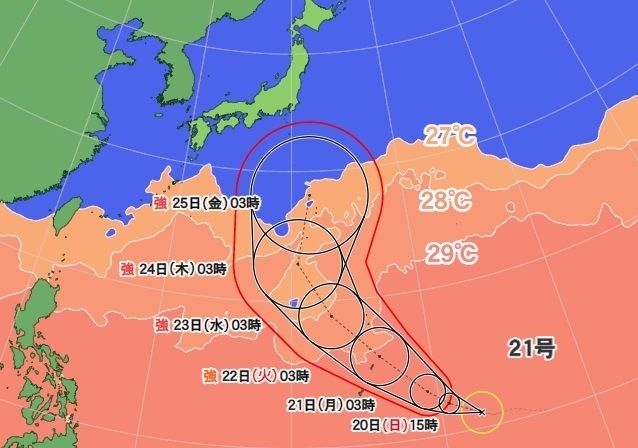 図1　台風21号の進路予報（10月20日3時）と海面水温