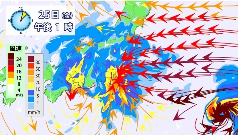 図2 雨と風の分布(10月25日13時)