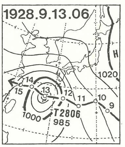 図1　概況文が初めて「デス・マス」で書かれた時の天気図（昭和3年（1928年）9月13日6時）に台風の進路を加筆