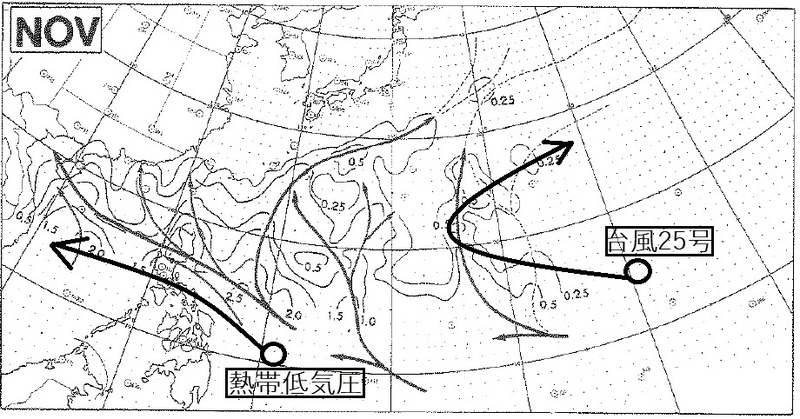 図2　11月の台風の平均経路と台風25号及び熱帯低気圧の動き