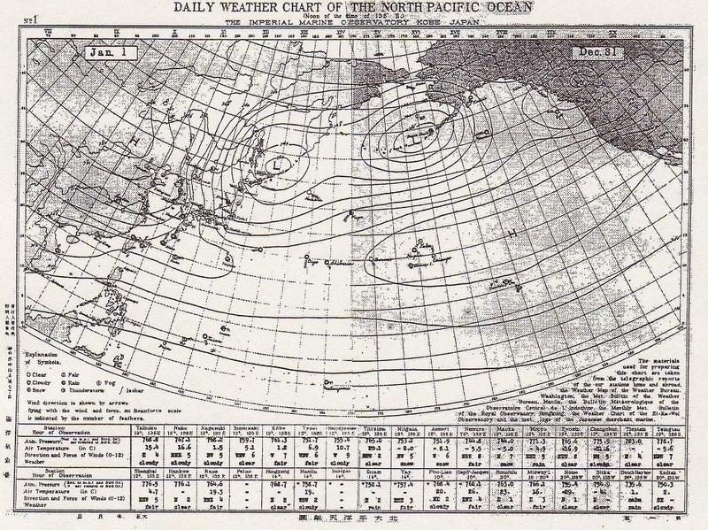 図4　世界初の広域天気図である北太平洋天気図（大正12年１月1日）