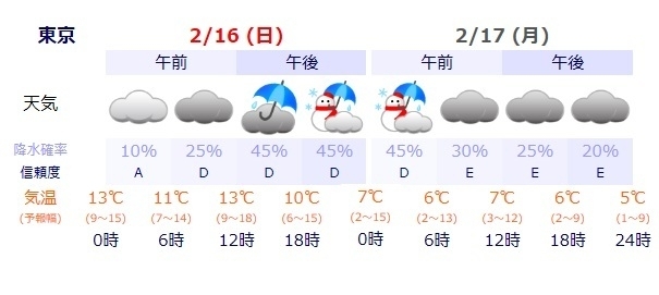 図5　東京の2月16日～17日の天気予報（ウェザーマップによる）