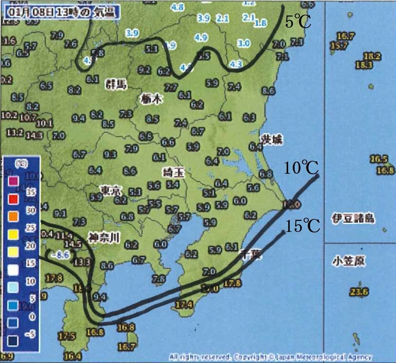 図4　関東地方の1月8日13時の気温