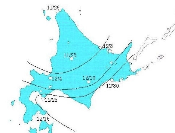 図1　北海道の長期積雪（根雪）初日の平年値