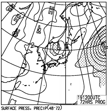 図7　専門家向けの予想天気図（1月19日21時（協定世界時では19日12時）の予想）
