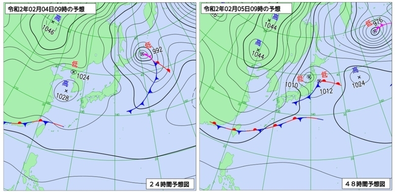 図1　予想天気図（2月4日9時の予想（左）と5日9時の予想（右））