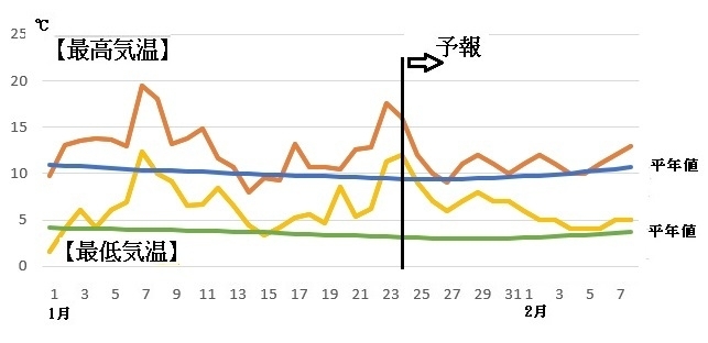 図4　福岡の最高気温と最低気温（1月24～30日は気象庁、1月31日～2月8日はウェザーマップの予報）