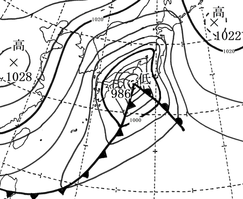 図4　昭和45年（1970年）1月30日21時の地上天気図