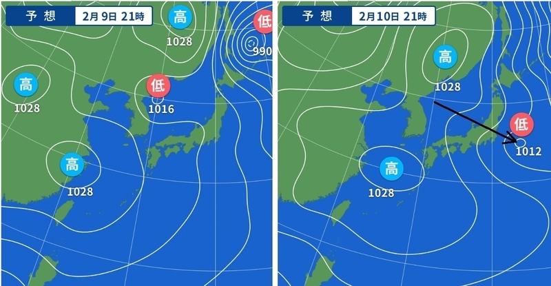 図1　予想天気図（左は2月9日21時の予想、右は10日21時の予想）