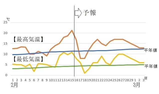 図5　福岡の最高気温と最低気温（2月16～22日は気象庁、2月23日～3月3日はウェザーマップの予報）