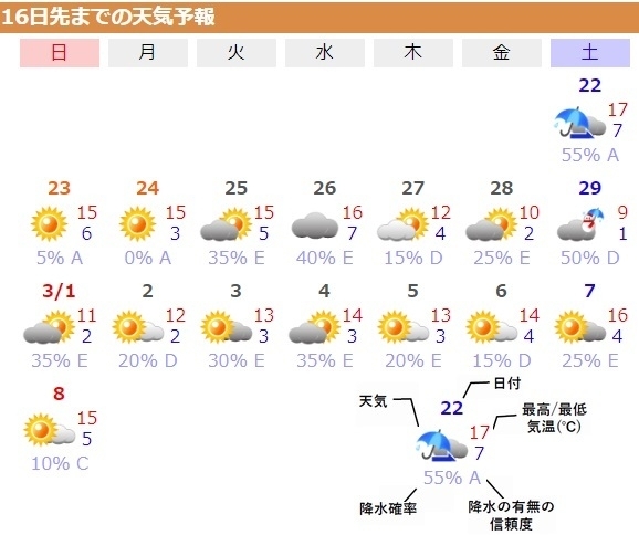 図7　東京の16日先までの天気予報（2月21日発表）