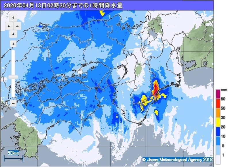 図2　三重県南部の1時間降水量（4月13日02時30分）