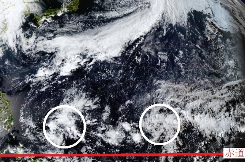 図6 赤道付近の雲の渦(図中の白丸、5月8日15時でタイトル画像と同じ時刻)