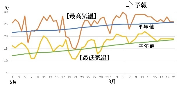 図5　東京の最高気温と最低気温の推移（6月7～13日は気象庁、6月14日から21日はウェザーマップの予報）