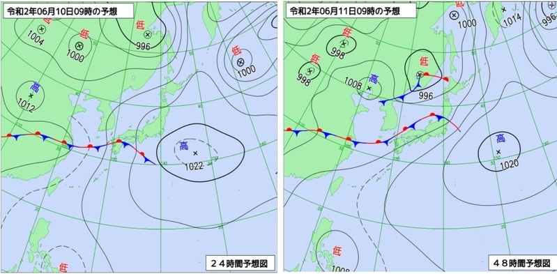 図2　予想天気図（左：6月10日9時の予想、右：6月11日9時の予想）