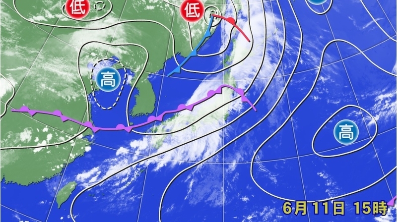 図2　地上天気図と衛星画像（6月11日15時）