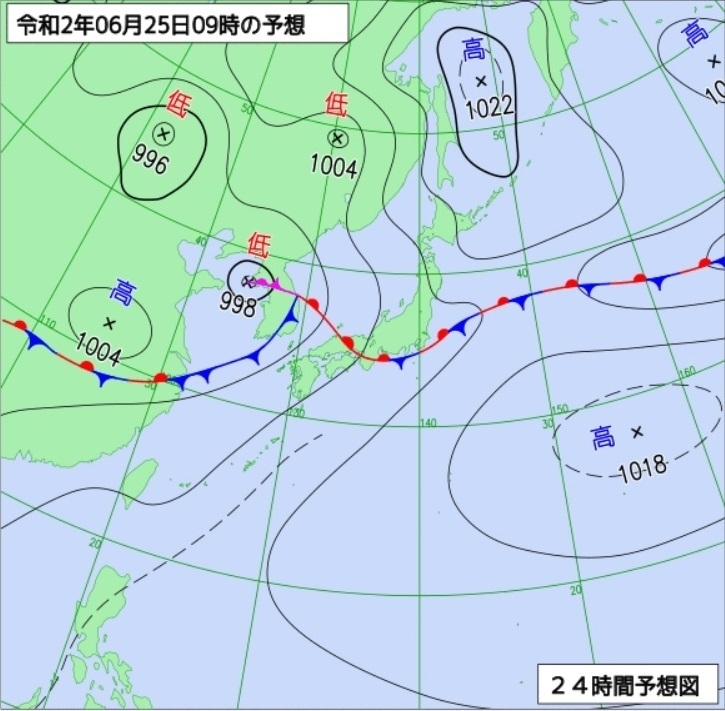 図2　予想天気図（6月25日9時の予想）