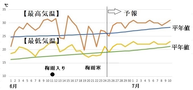 図4　東京の最高気温と最低気温の推移（6月25日～7月1日は気象庁、7月2日～10日はウェザーマップの予報）