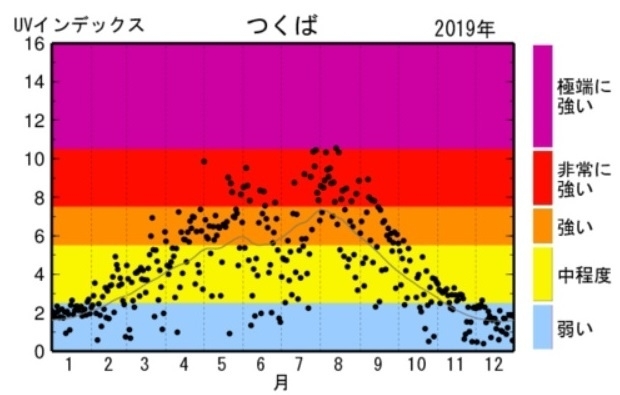 図5　つくばにおける日最大UVインデックスの年間推移（黒丸は2019年の観測値、細実線は平成2年（1990年）～令和元年（2019年）までの累年平均値）
