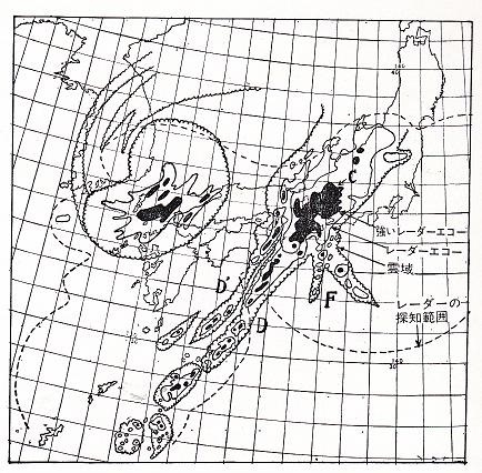 図1　七夕豪雨時の帯状雲とレーダー観測の重ね合わせ（昭和49年（1974年）7月7日9時）
