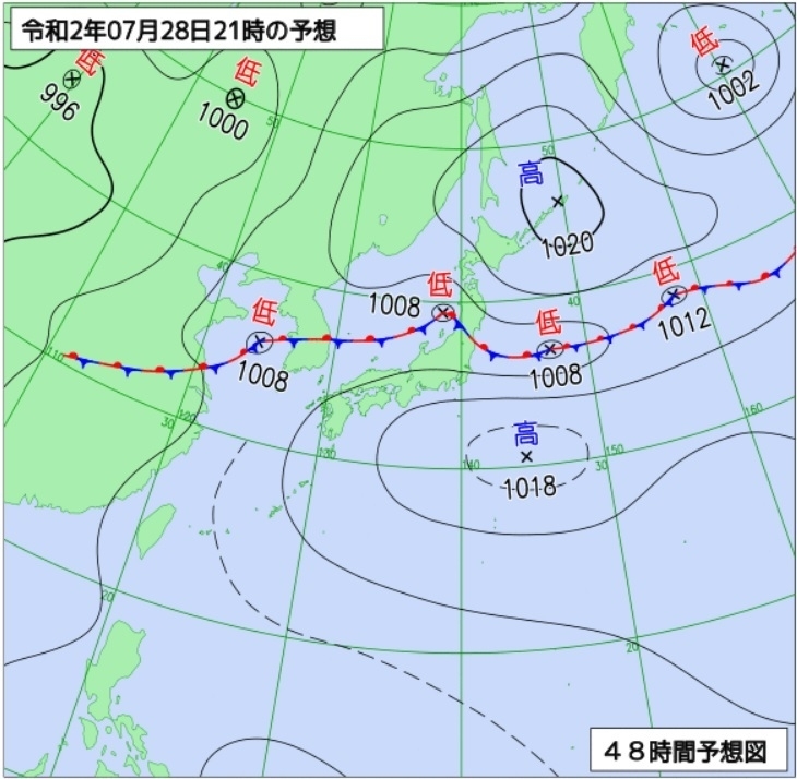 図2　予想天気図（7月28日21時の予想）