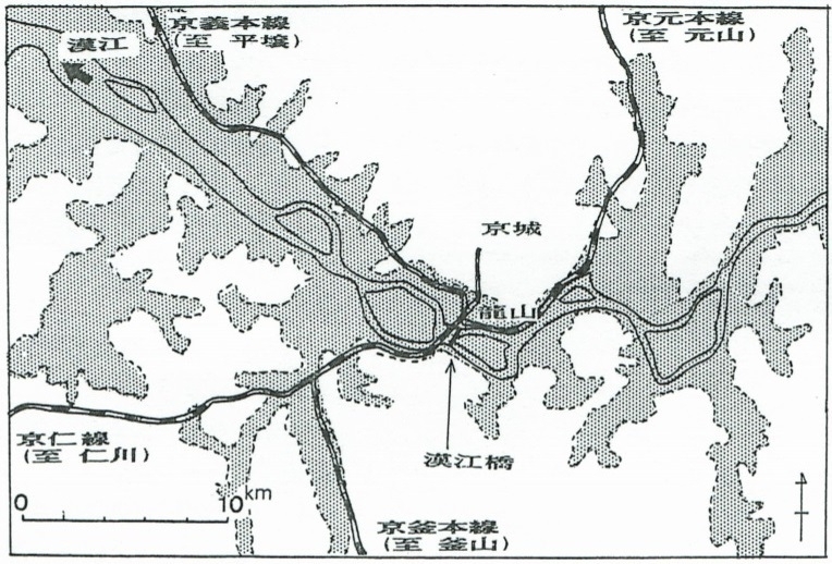 図5　京城（現在のソウル）付近の氾濫区域（ハッチの部分）