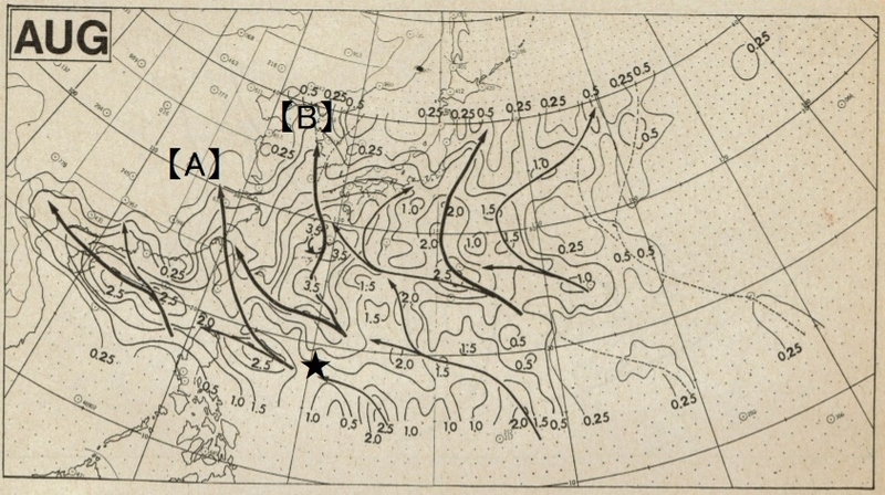 図2　令和2年（2020年）の台風9号（図中の星印付近）と8月の平均経路図