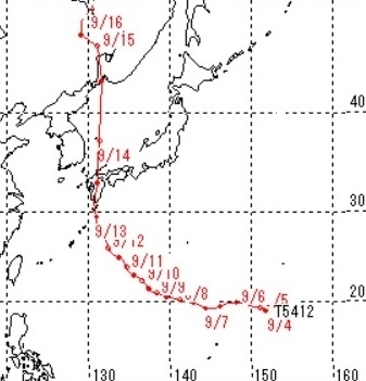 図4　昭和29年の台風12号の経路図