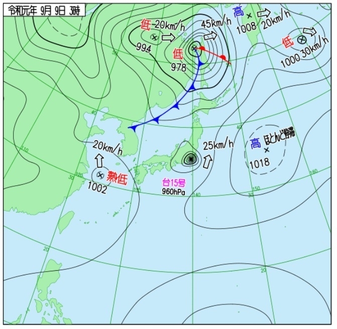 図4　地上天気図（令和元年（2019年）9月9日3時）