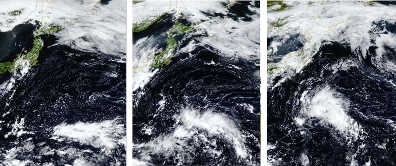 図2　小笠原近海を北上する雲の塊（左から9月8日13時、9日13時、10日13時）